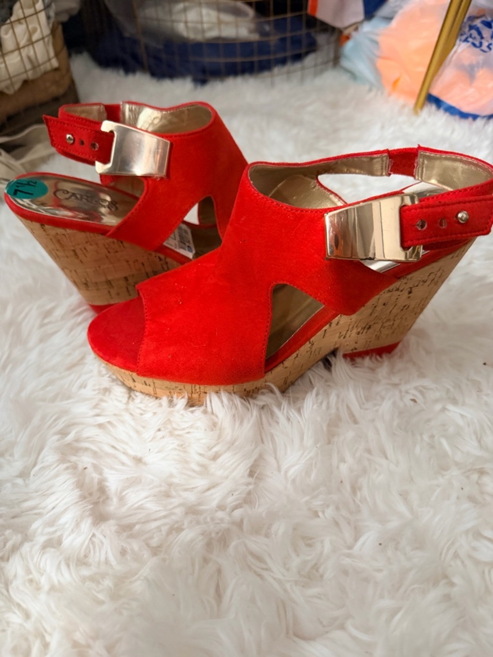 Carlos by Carlos Santana Red Suede Cork Wedge Sandals with Gold Accent